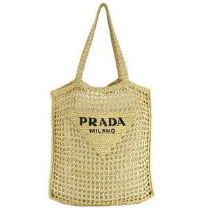 Prada Crochet Tote Bag Basket Handbag Natural Raffia Triangle Logo